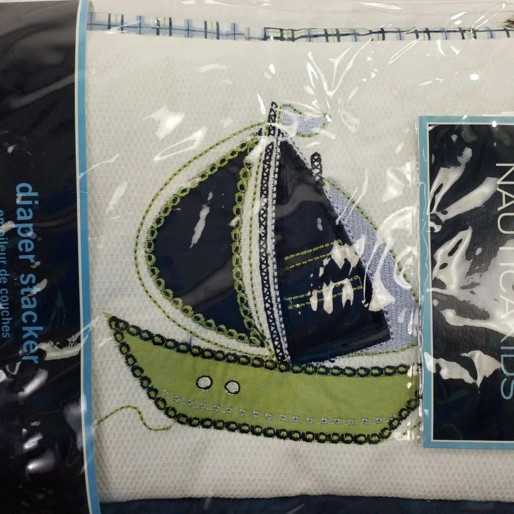 Nautica Kids Zachary Blue Green Plaid Sailboat Diaper Stacker Nursery NIP